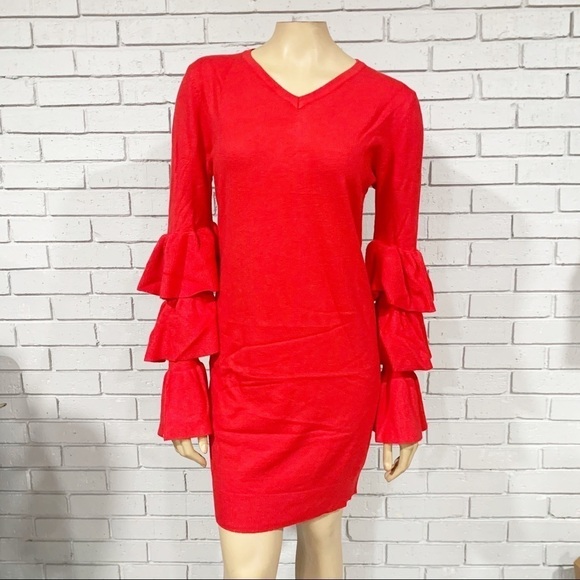 PrettyLittle Thing Red Ruffle Sleeve Knitted Dress - Picture 1 of 13